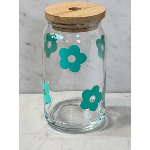 16 oz Glass Beer Can Aqua Flower Cold Brew Cup - Picture 3 of 8